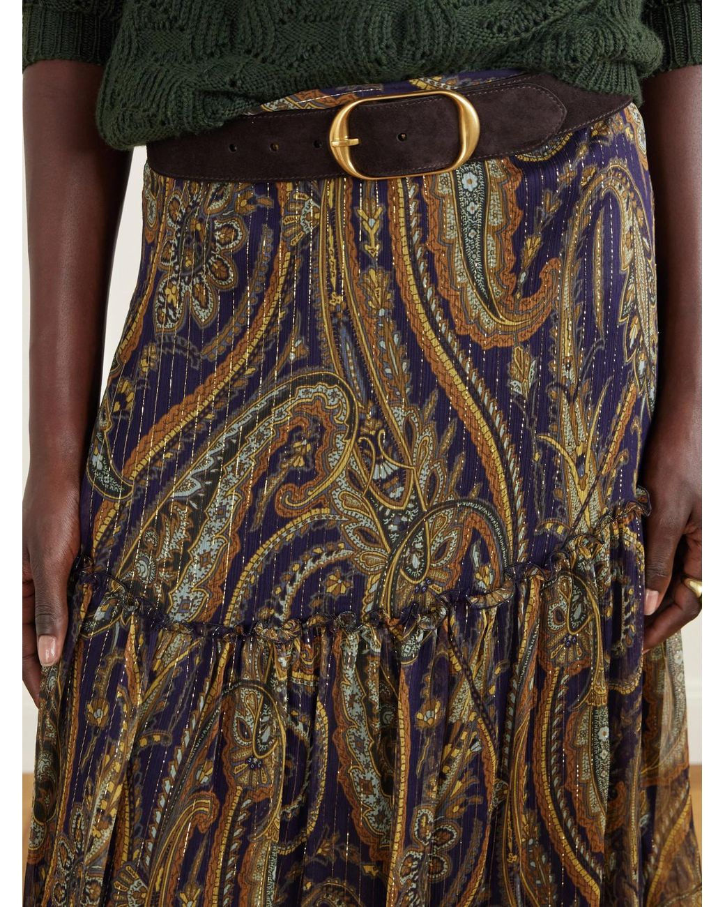 Etro Natural Tiered Paisley-Print Metallic Silk-Blend Chiffon Maxi Skirt