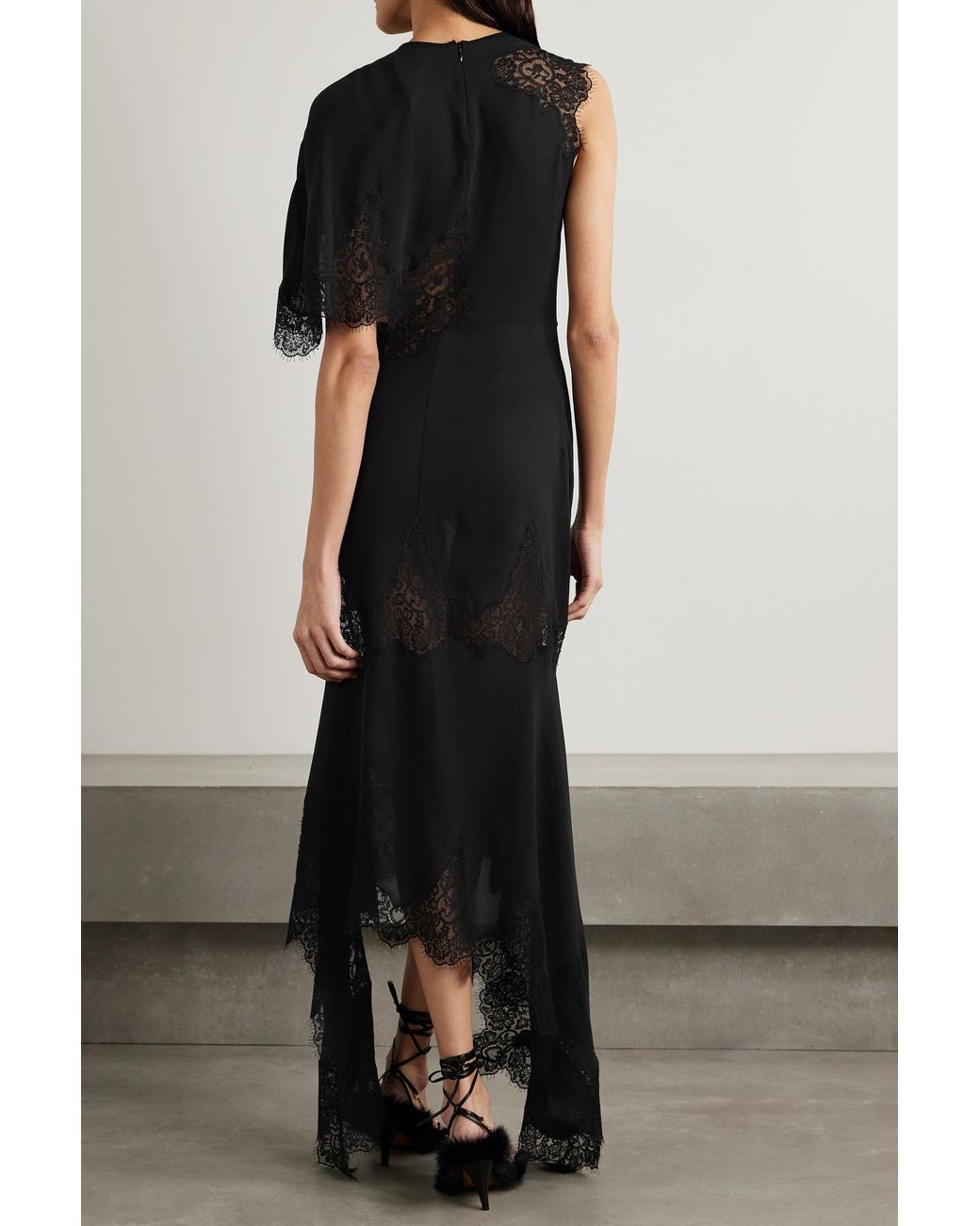 Jet Black Floral Lace Asymmetric Midi Dress