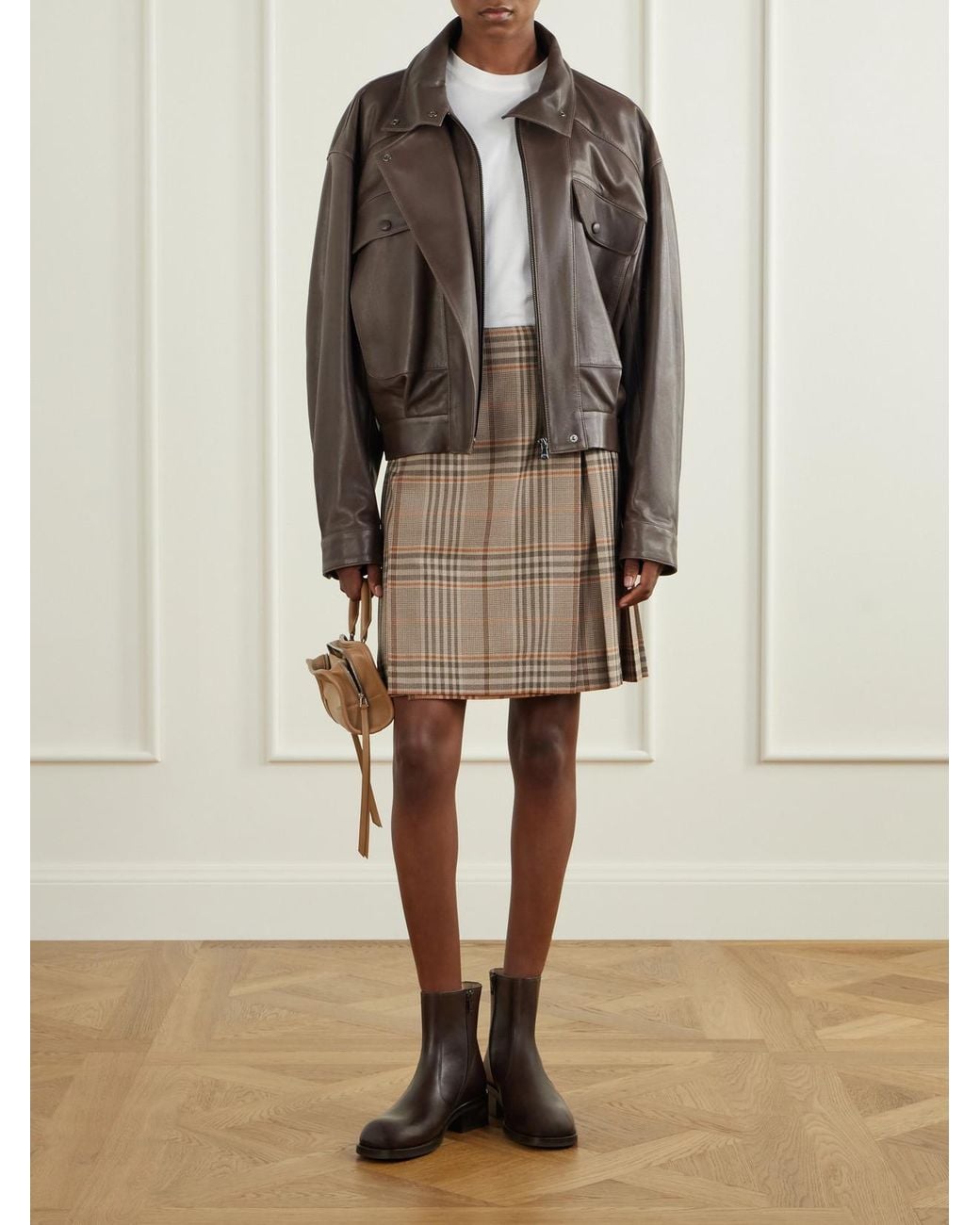 Burberry Natural Pleated Checked Wool Mini Skirt