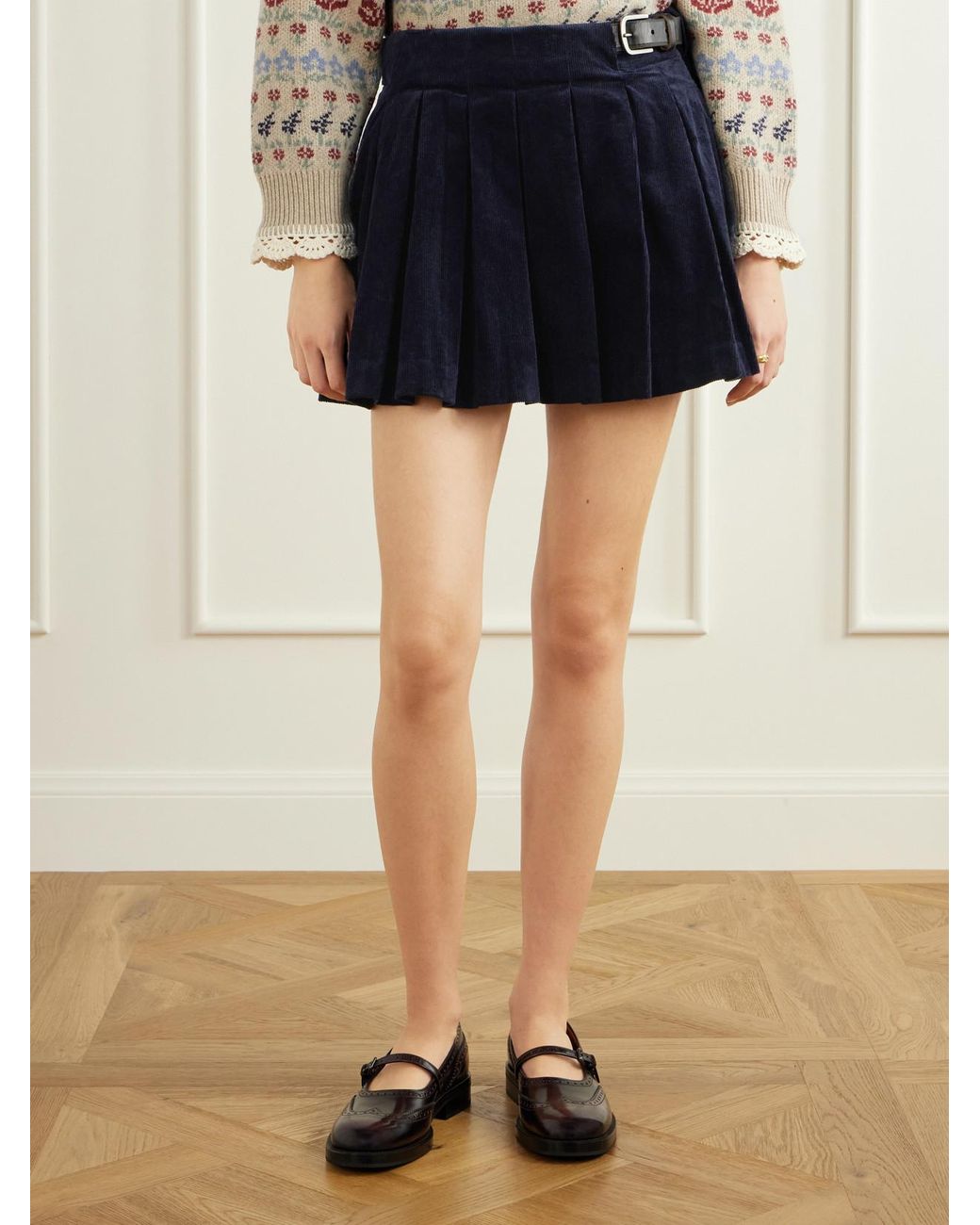Sea Blue Garrett Pleated Stretch-Cotton Corduroy Mini Skirt