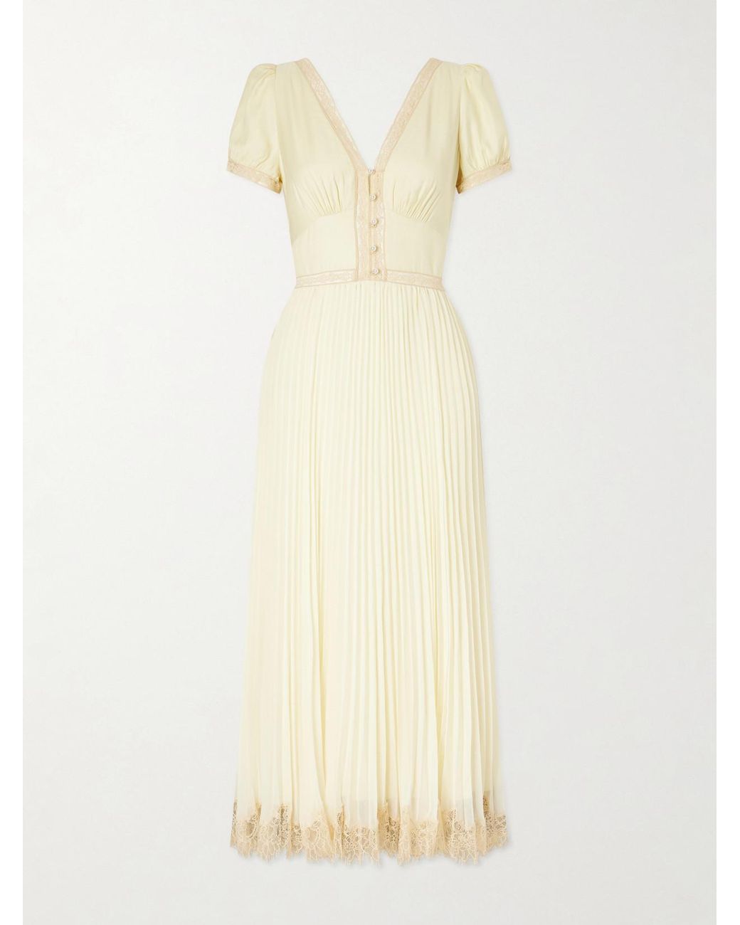 Self-Portrait Natural Lace-Trimmed Pleated Crepe Midi Dress