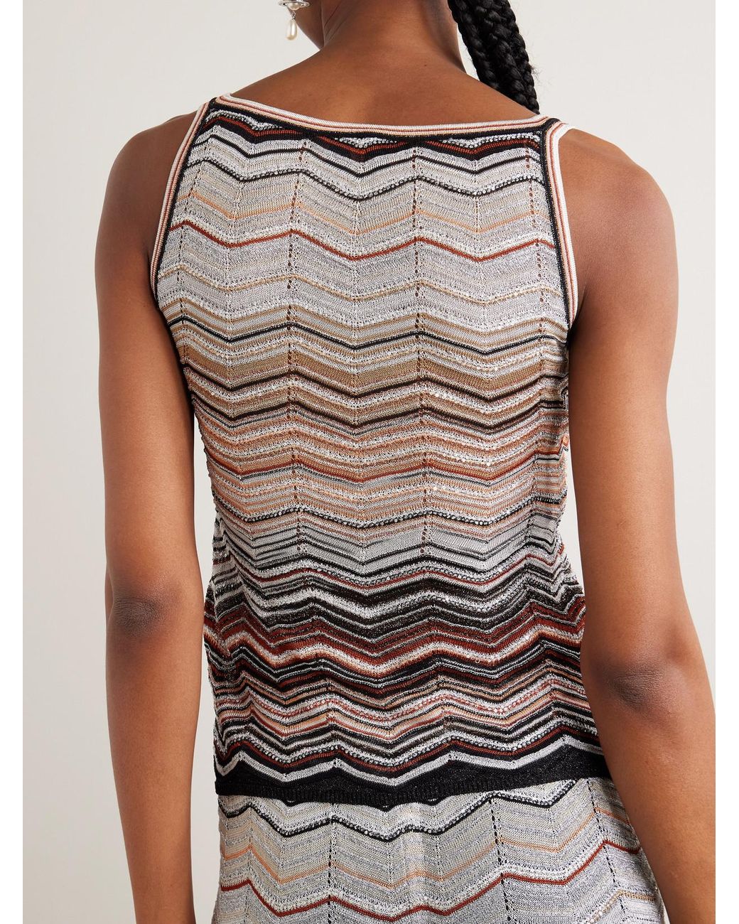 Missoni Brown Sequin-Embellished Striped Metallic Crochet-Knit Tank