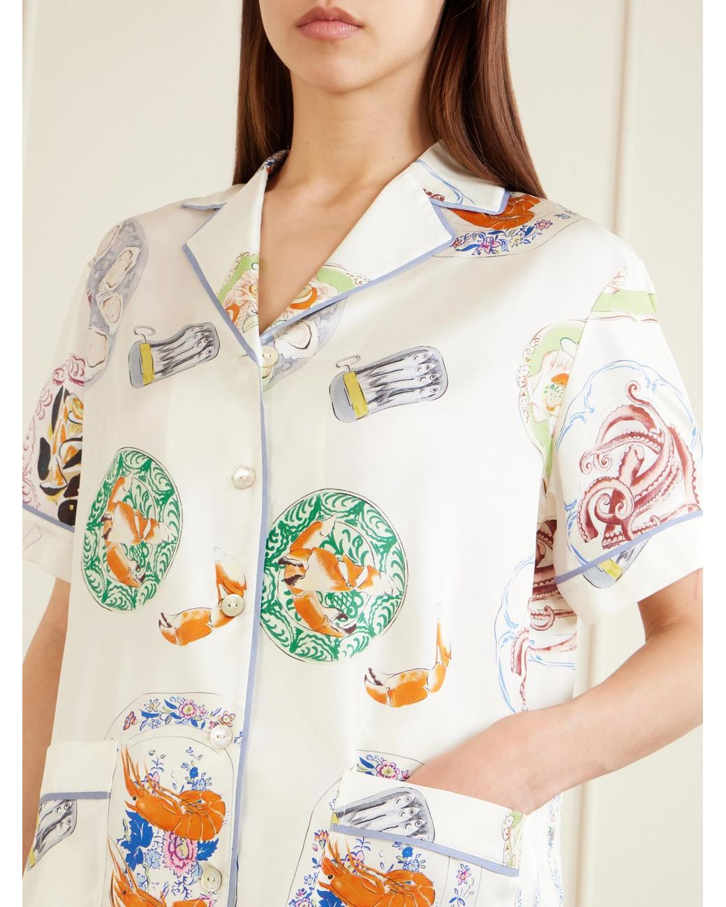 Olivia Von Halle White Ingo Printed Silk-Satin Pajama Set