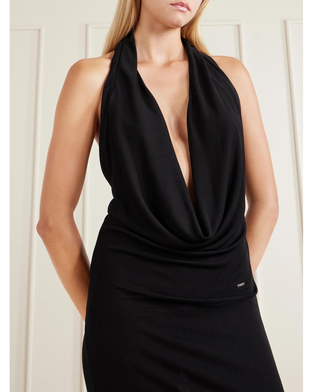 Gucci Black Draped Halterneck Crepe-Jersey Midi Dress