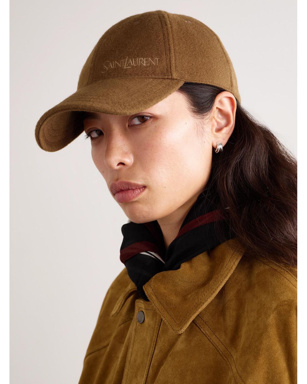 Saint Laurent Brown Embroidered Brushed Cashmere Baseball Cap