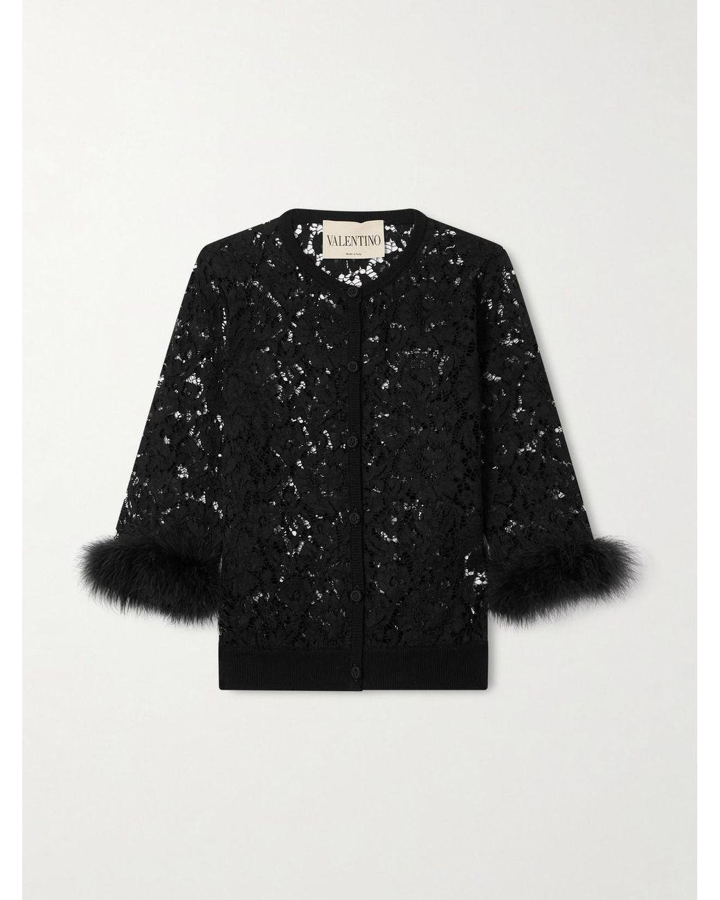 Valentino Garavani Black Feather-Trimmed Cotton Corded Lace Cardigan