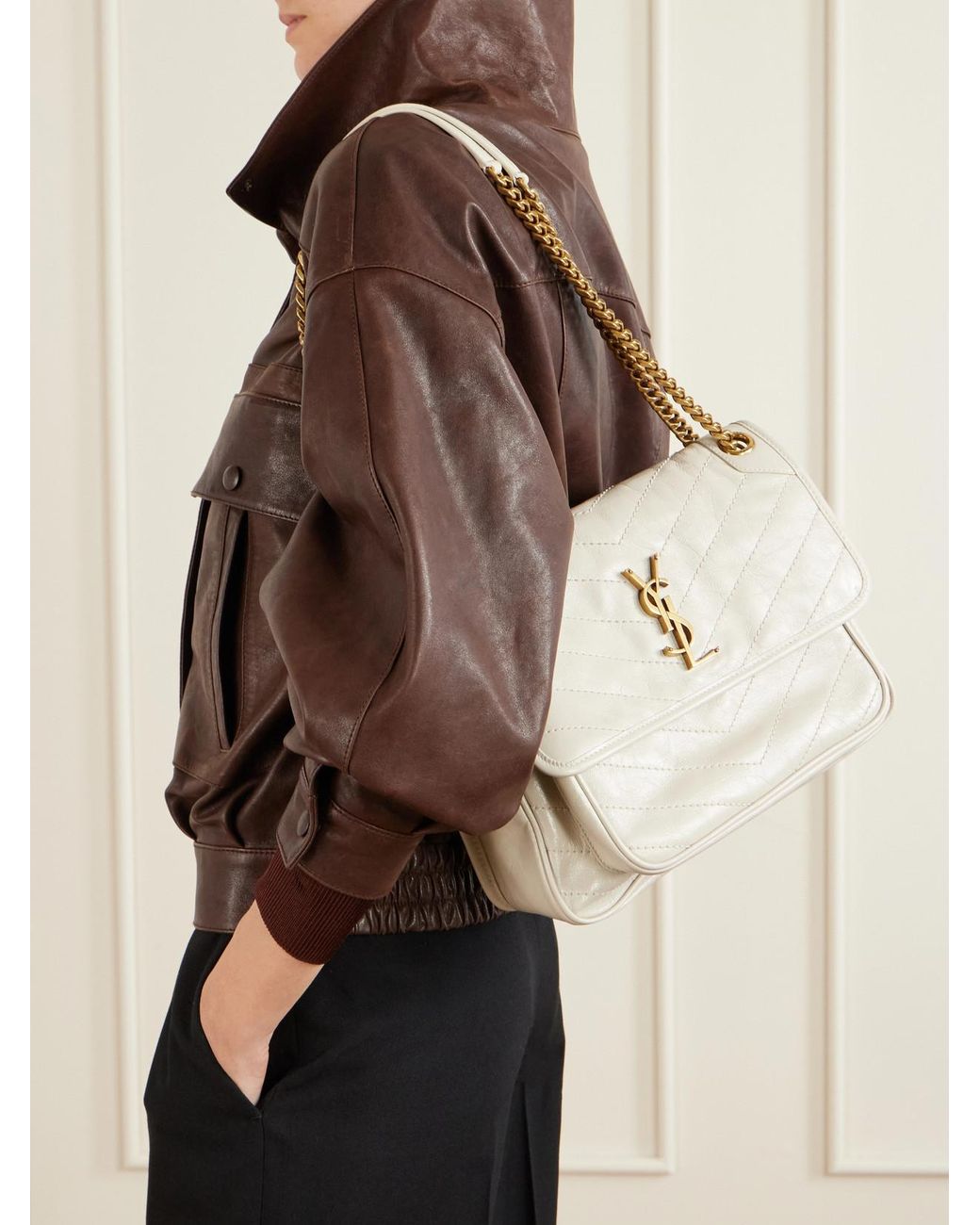 Saint Laurent Natural Niki Cassandre-Embellished Crinkled-Leather Shoulder Bag