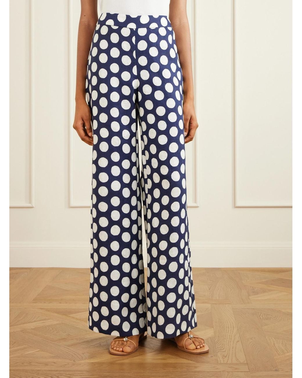 Cara Cara White Polka Dot Linen Wide-Leg Pants