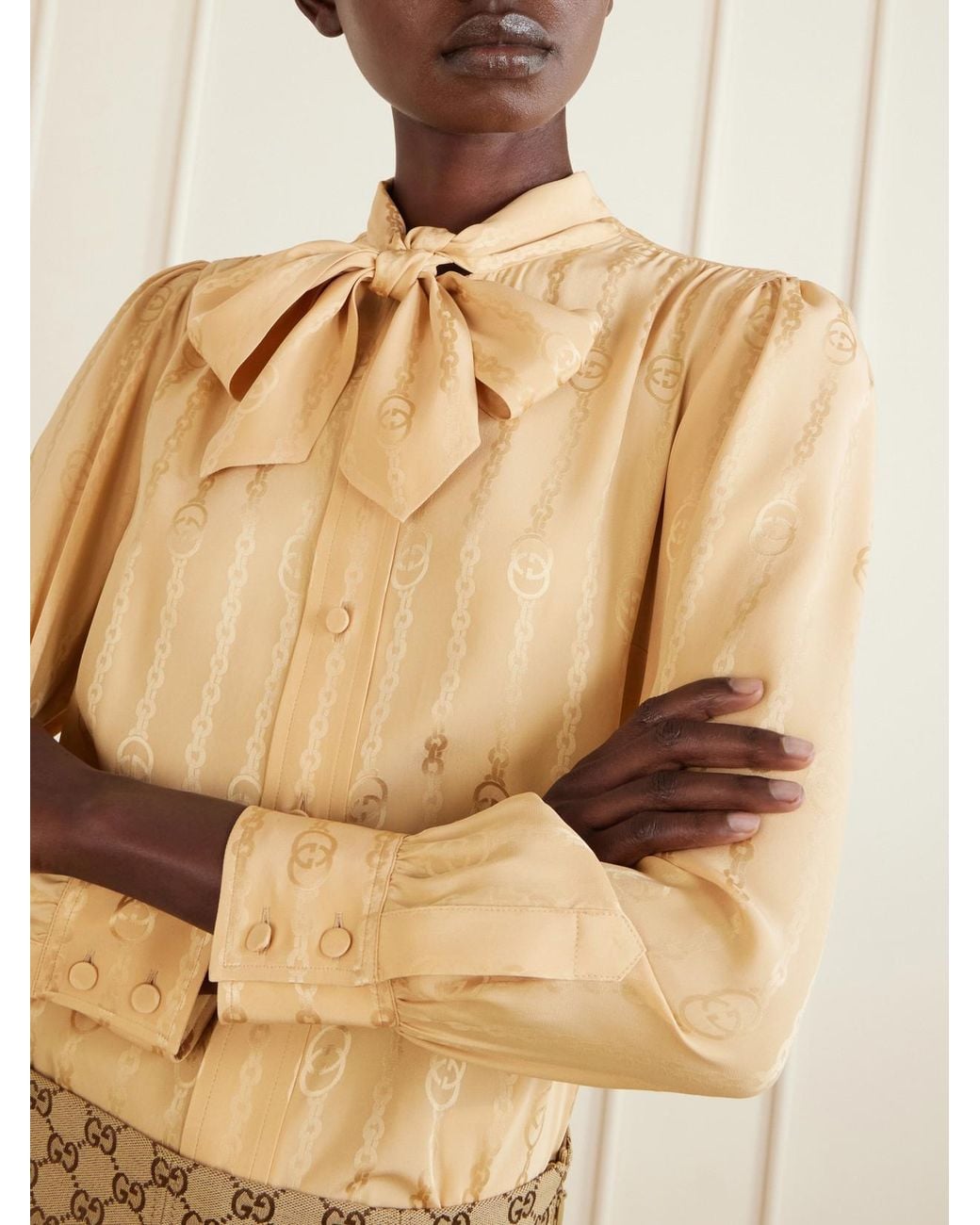 Gucci Natural Pussy-Bow Logo-Jacquard Silk Shirt