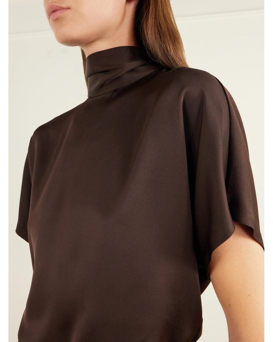 Brunello Cucinelli Brown Draped Silk-Satin Blouse