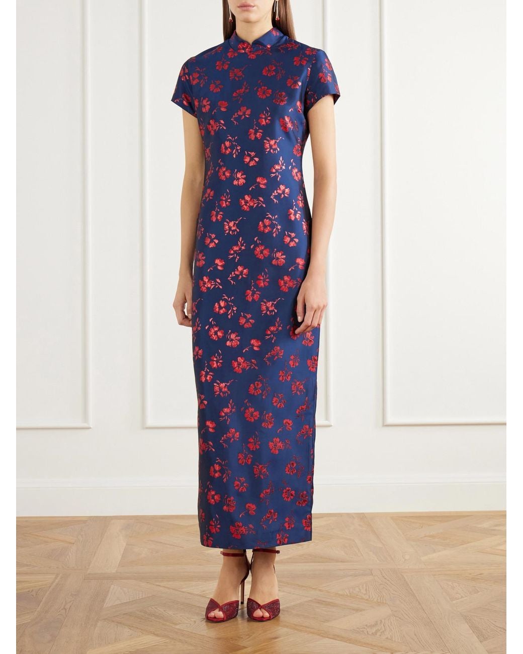 D'Estree Purple Celia Floral-Jacquard Taffeta Midi Dress