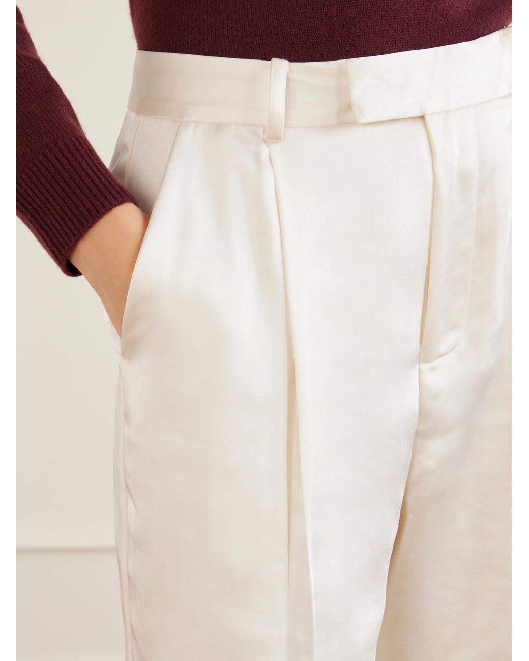 Self-Portrait White Pleated Satin Straight-Leg Pants