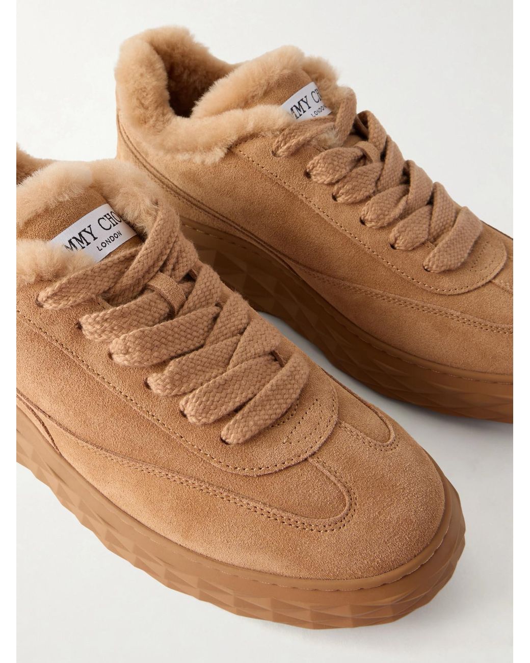 Jimmy Choo Brown Diamond Maxi Retro Shearling-Trimmed Suede Sneakers