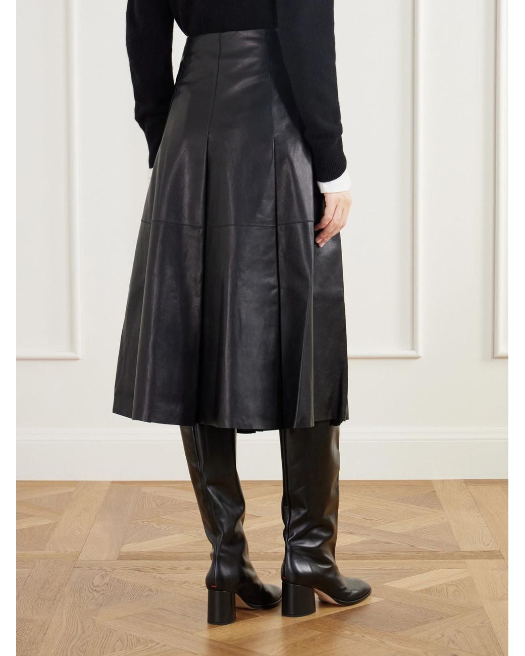 Joseph Black Riya Paneled Pleated Leather Midi Skirt