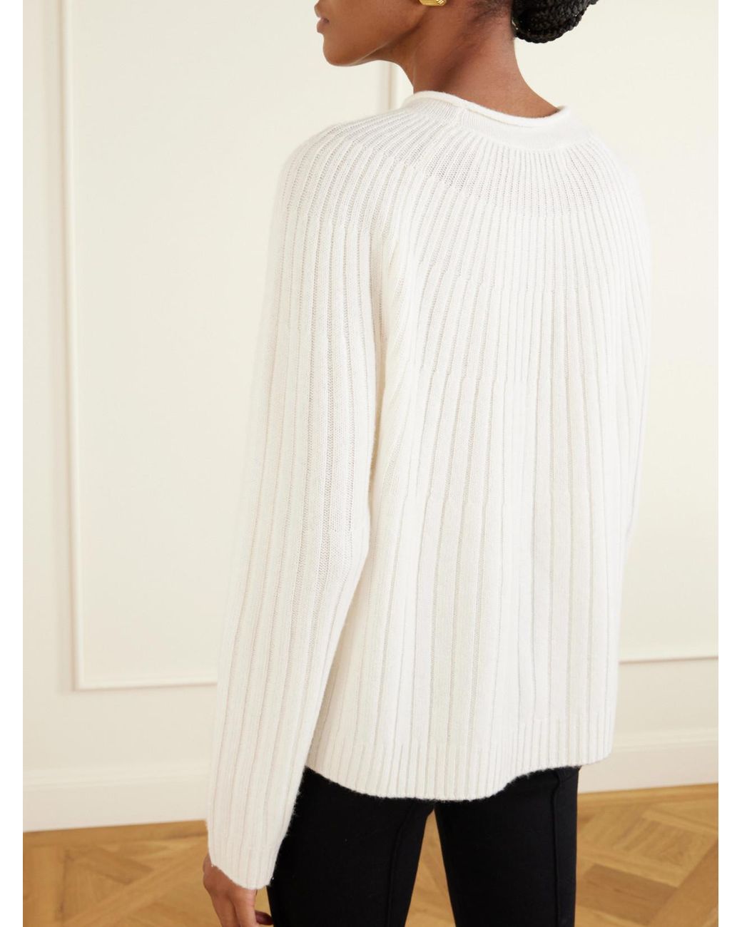La Ligne White Scallop Ribbed-Knit Cashmere Sweater