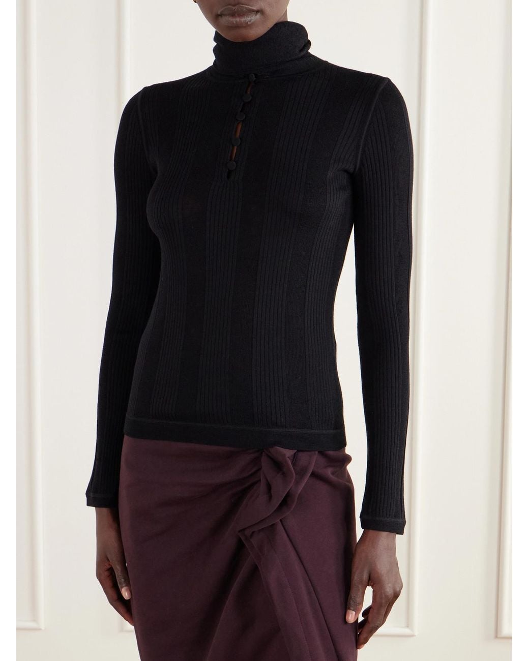 Tory Burch Black Scarf-Detailed Ribbed Wool Sweater