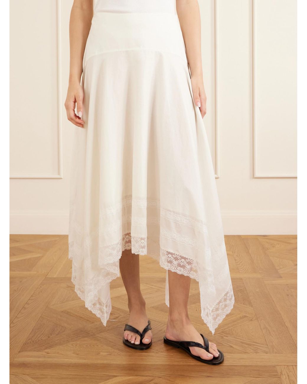 Staud White Ainsley Asymmetric Lace-Trimmed Cotton-Voile Maxi Skirt