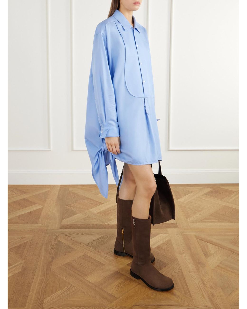 J.W. Anderson Blue Tie-Detailed Logo-Embroidered Cotton And Silk-Blend Poplin Mini Dress