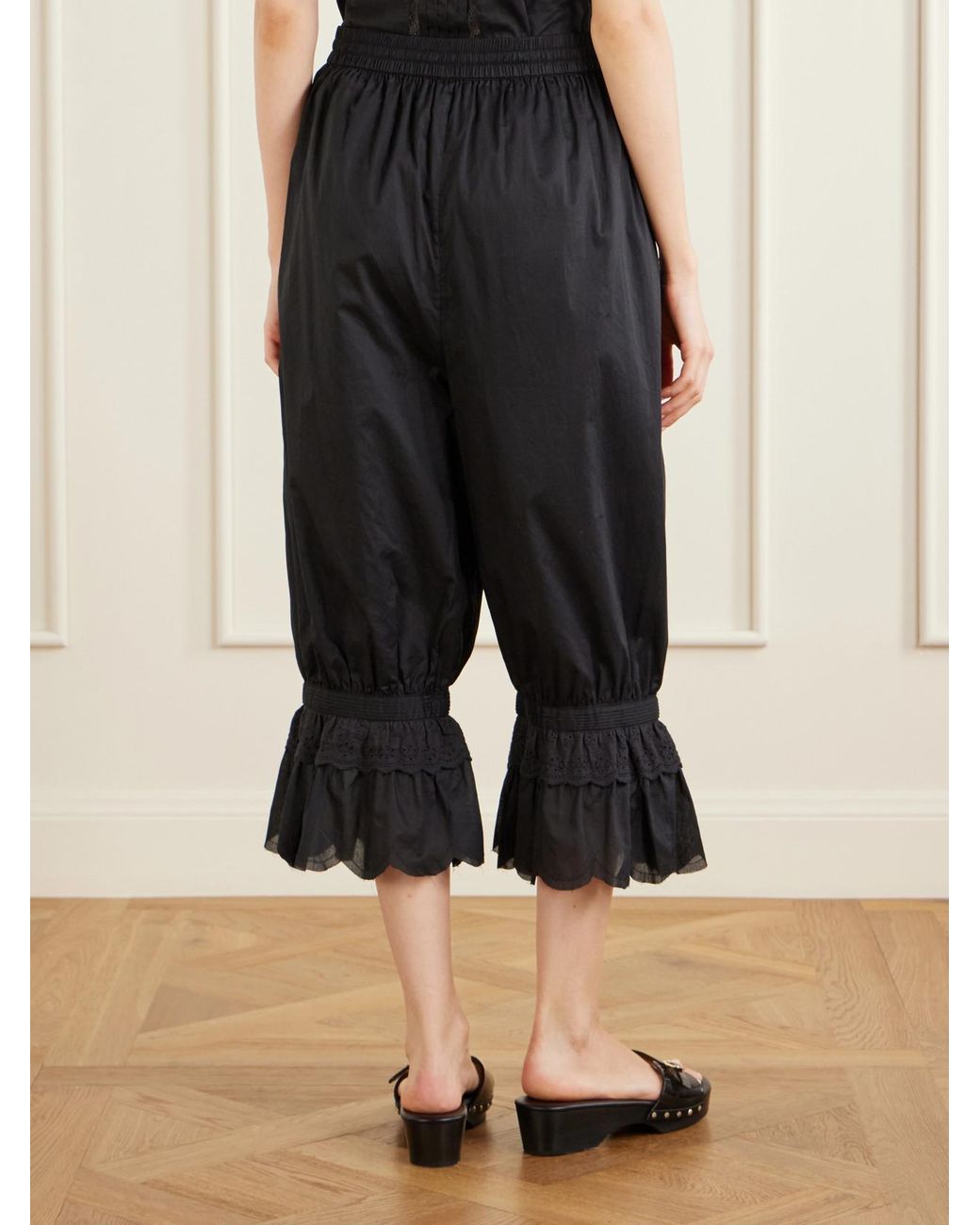 Staud Black Renzo Cropped Scalloped Cotton-Voile Balloon Pants