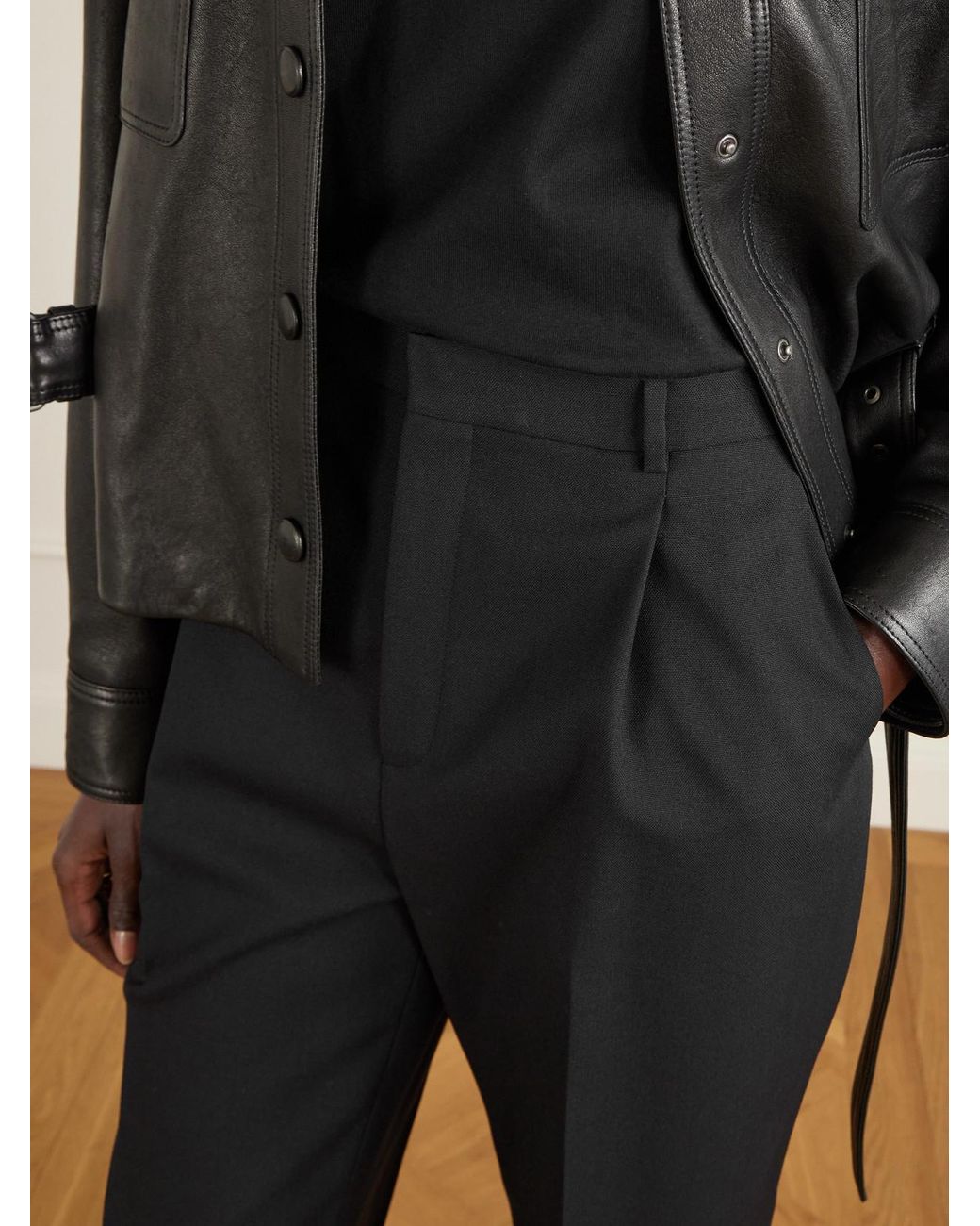 Saint Laurent Black Pleated Grain De Poudre Wool Straight-Leg Pants