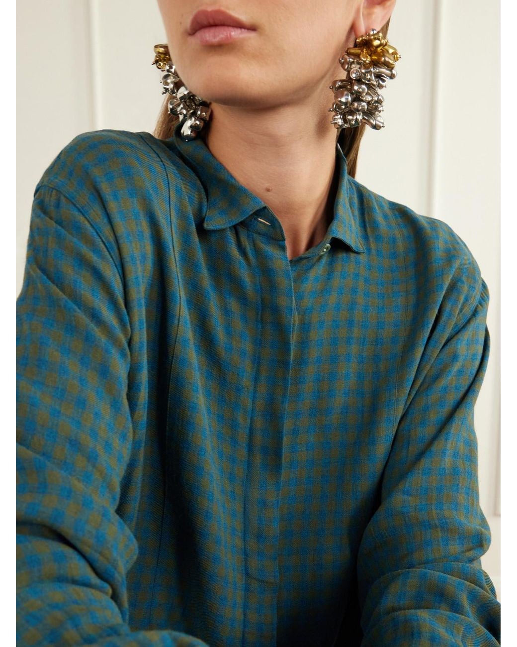 Dries Van Noten Green Paneled Checked Crepe Shirt