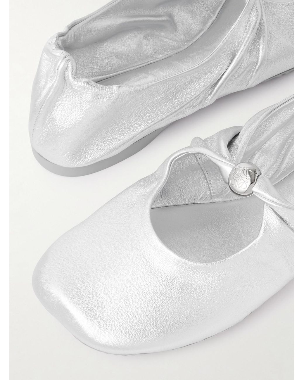 Loewe White Pebble Metallic Leather Ballet Flats