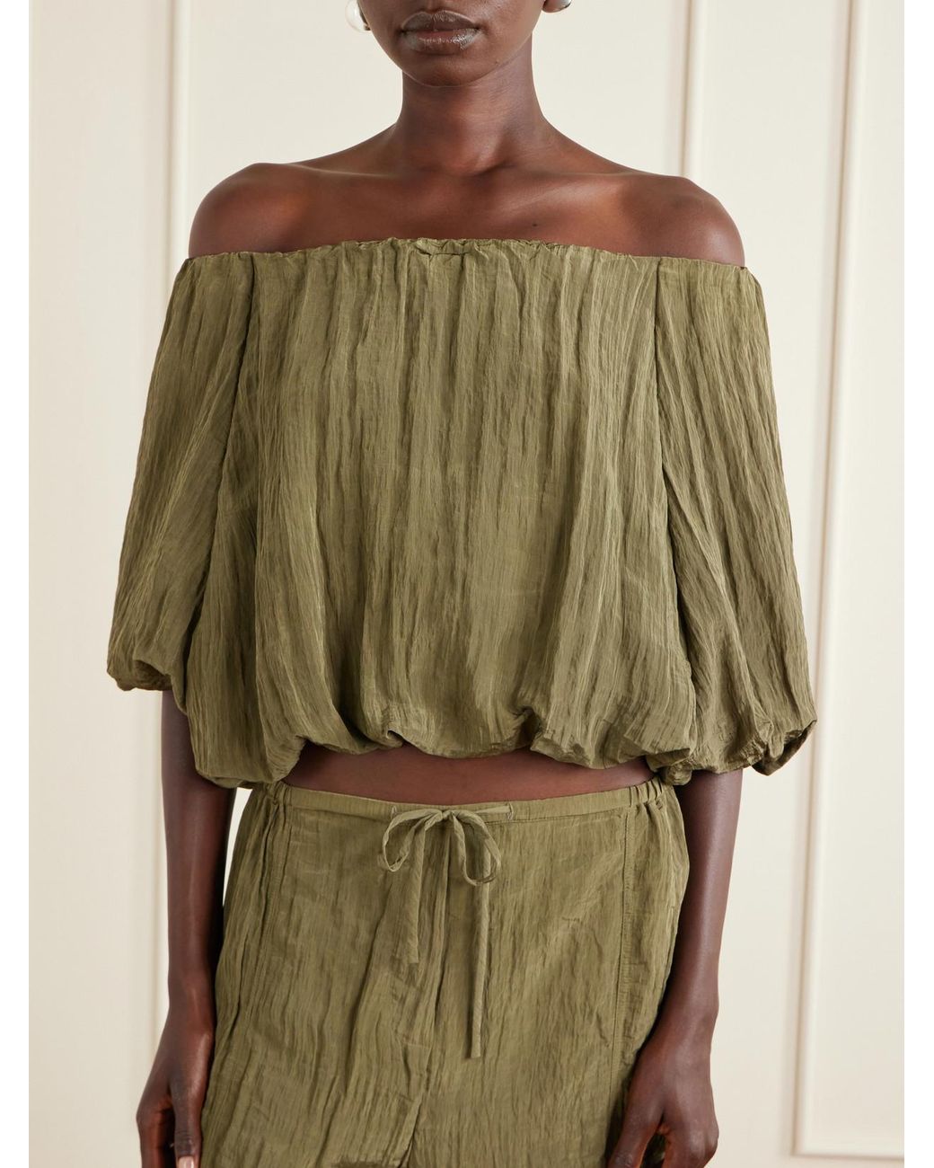 Jonathan Simkhai Green Anni Cropped Gathered Crepon Blouse