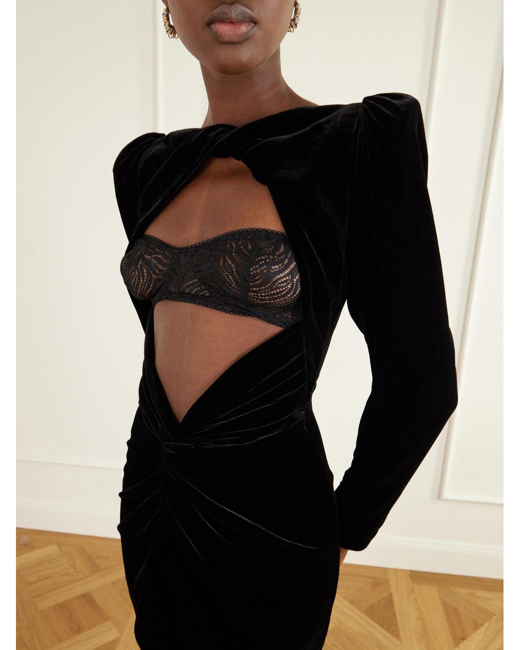 Balmain Black Open-Front Lingerie-Detail Gathered Velvet Maxi Gown