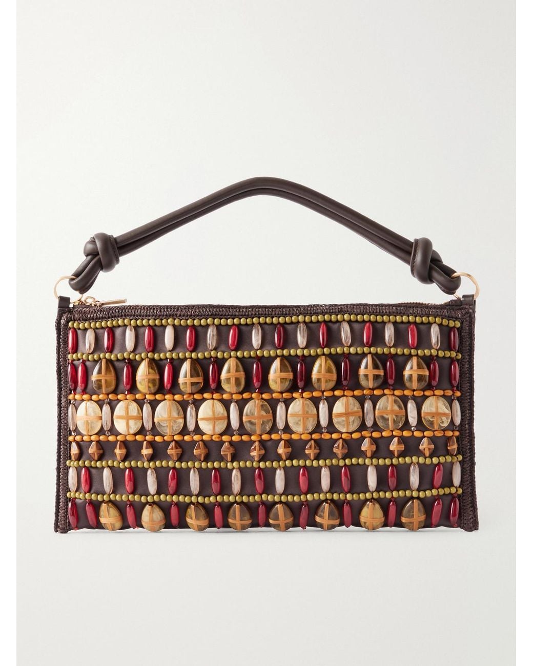 Cult Gaia Brown Hera Bead-Embellished Leather And Raffia-Trimmed Satin Shoulder Bag