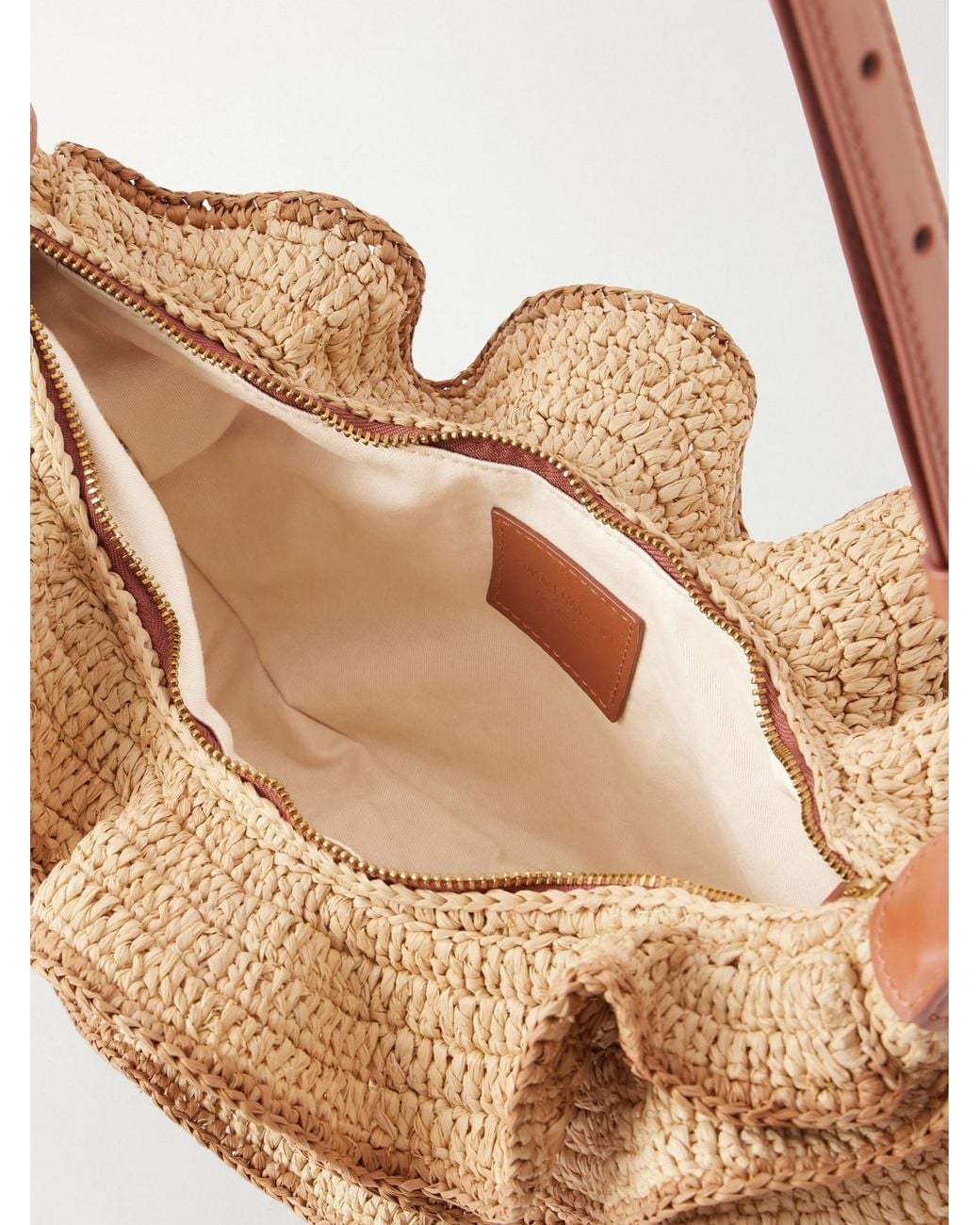 Zimmermann Natural Goldentime Ruffled Leather-Trimmed Raffia Shoulder Bag