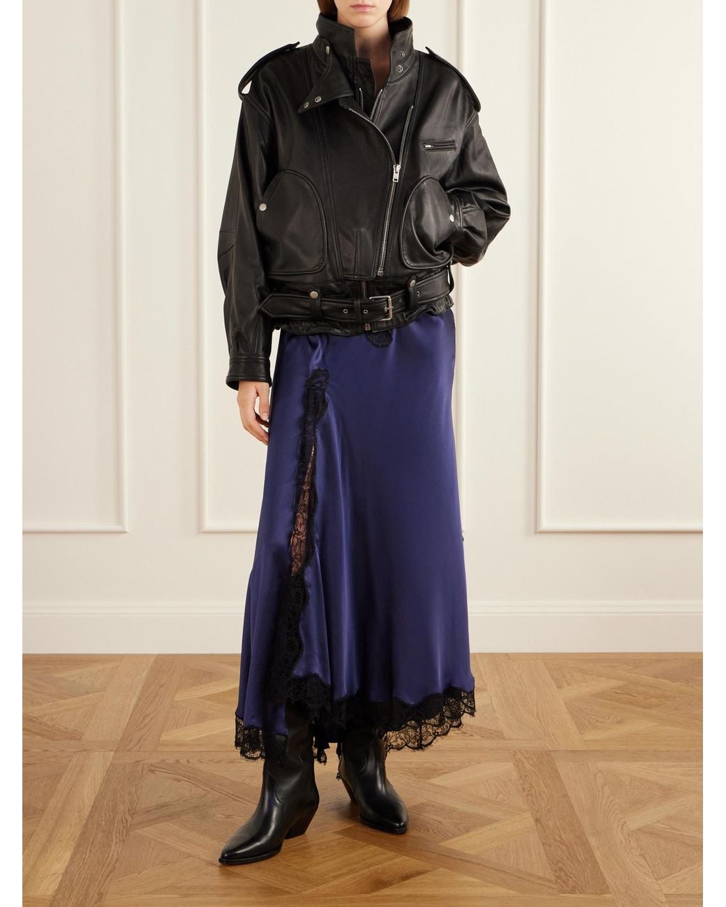 Isabel Marant Blue Alexandra Lace-Detailed Silk-Blend Satin Midi Skirt
