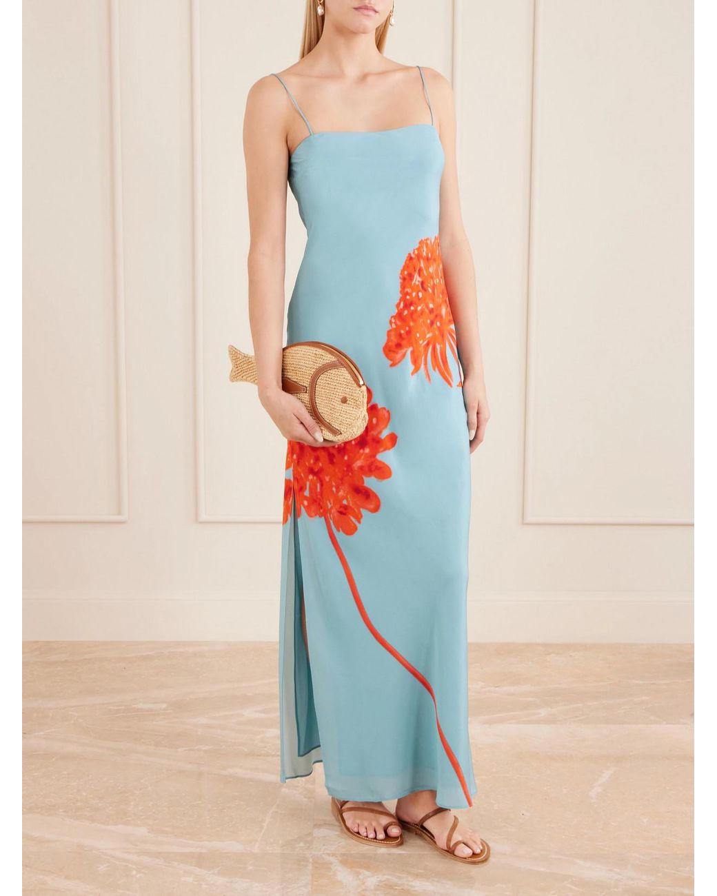 Staud Natural Pesce Leather-Trimmed Raffia Clutch