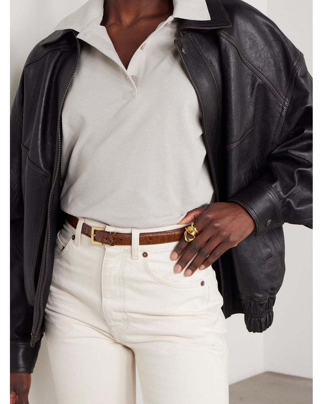 Saint Laurent Brown Cassandre Croc-Effect Leather Belt