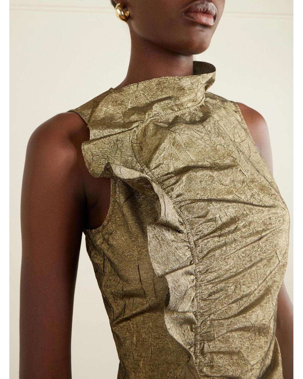 Ulla Johnson Natural Demetria Asymmetric Ruffled Metallic Taffeta Midi Dress