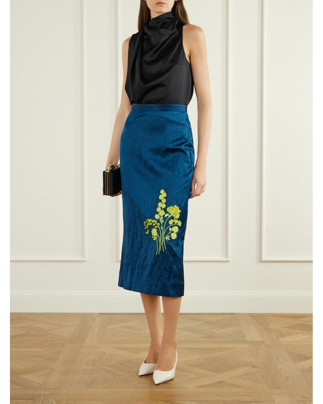 Erdem Blue Floral-Embroidered Metallic Satin Midi Skirt