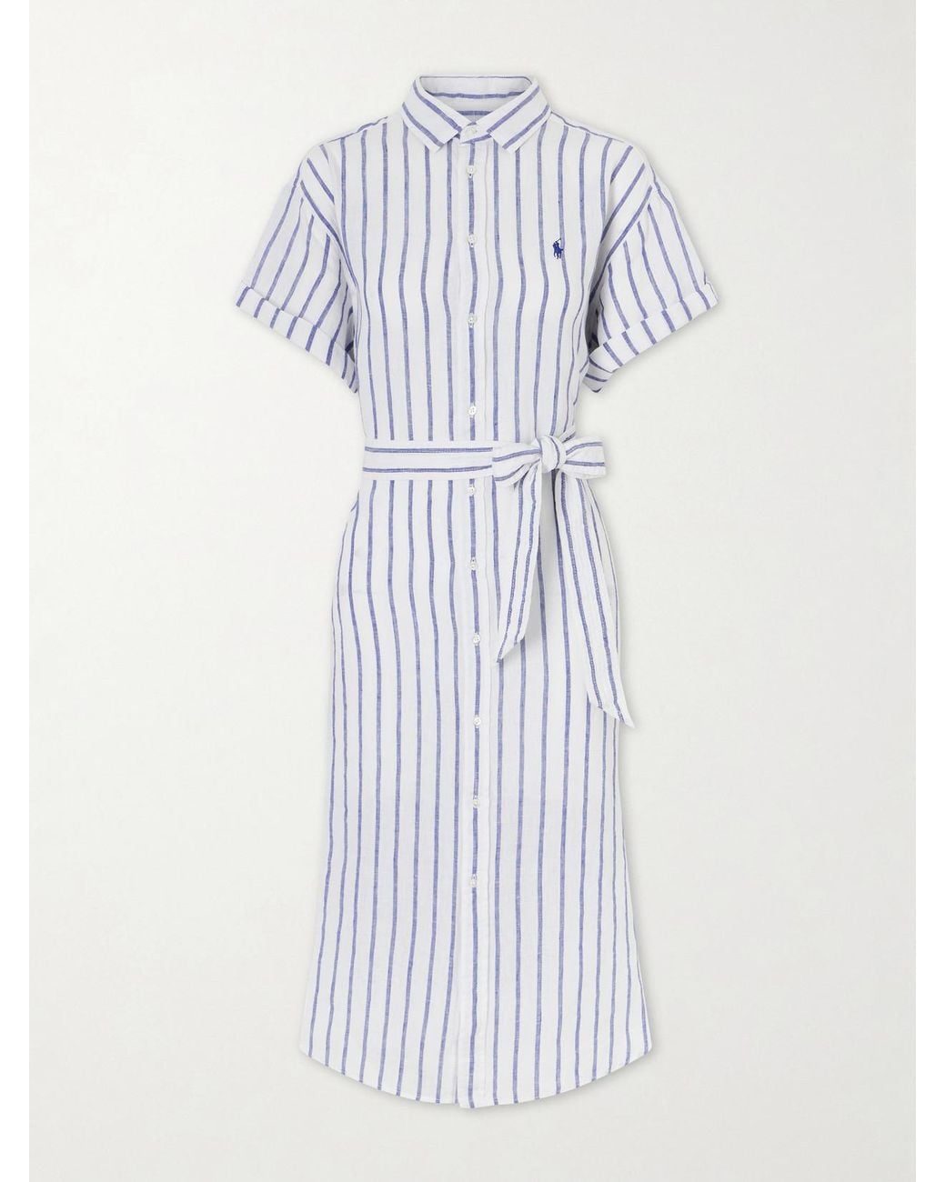 Polo Ralph Lauren Blue Belted Striped Linen Midi Dress