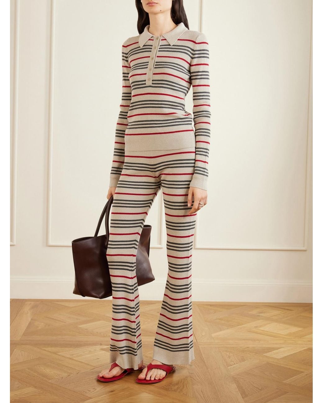 The Elder Statesman Natural Libeccio Striped Wool, Silk And Linen-Blend Flared Pants