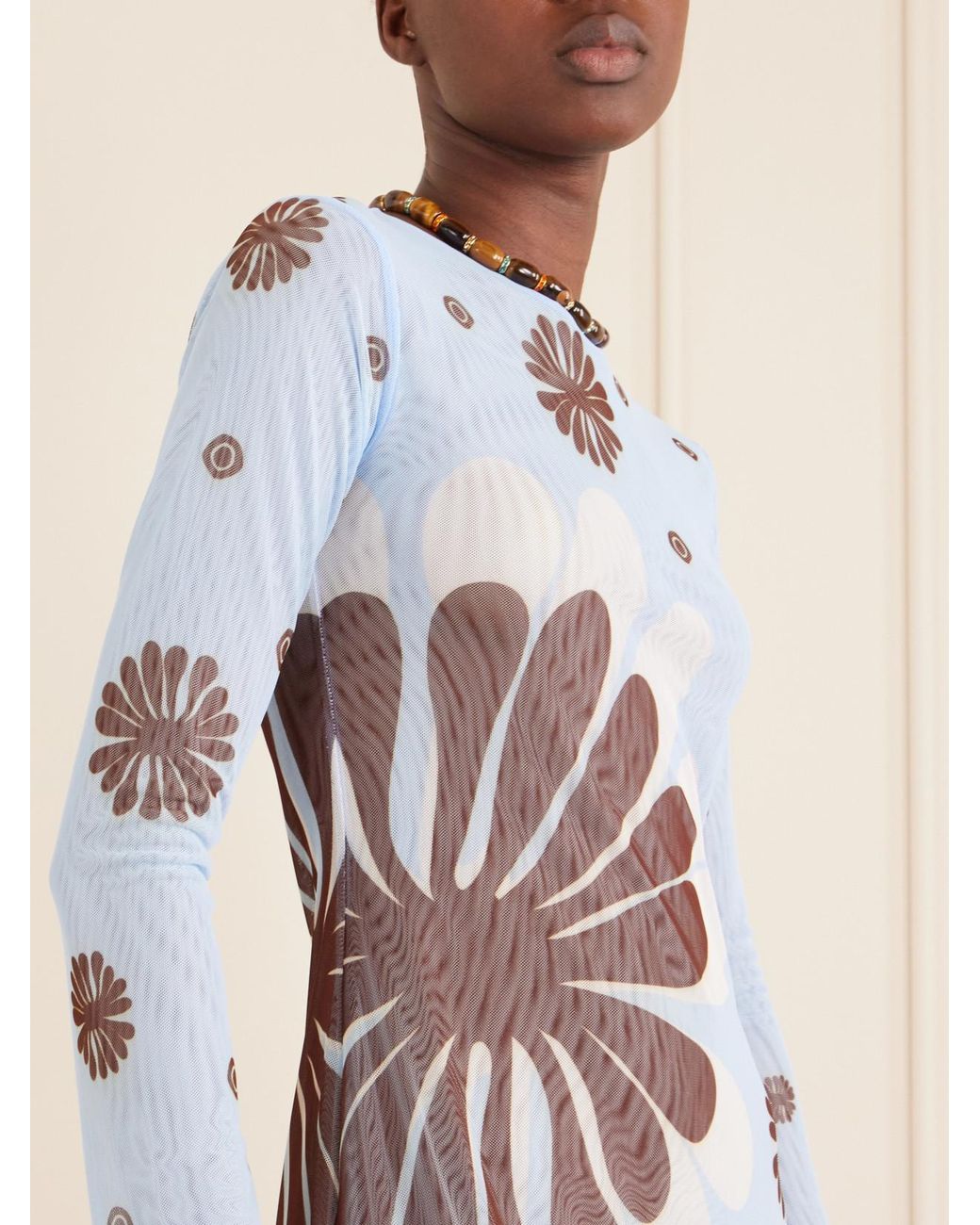 Cala De La Cruz Blue Tania Printed Mesh Midi Dress