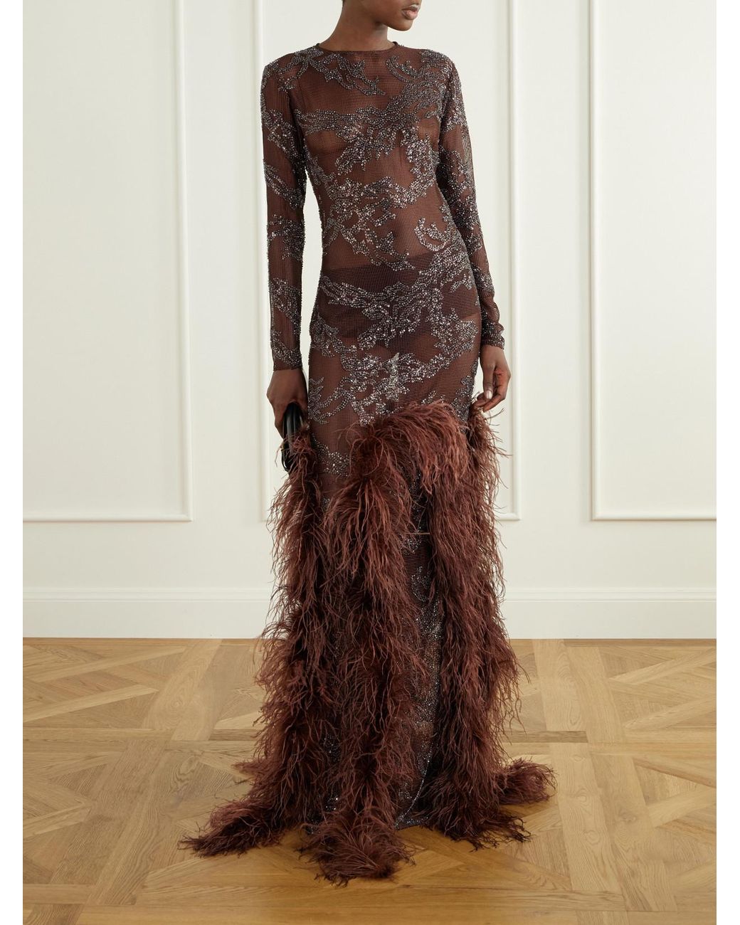 Ilkyaz Ozel Brown Byblos Feather-Trimmed Sequin-Embellished Mesh Gown