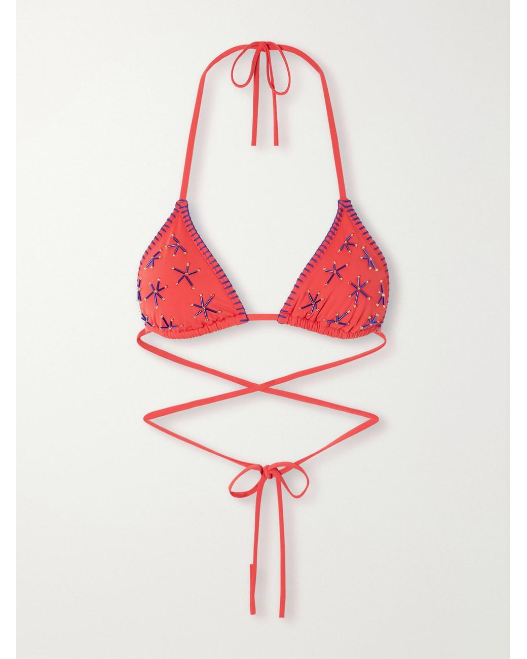 Staud Red Lido Bead-Embellished Triangle Bikini Top