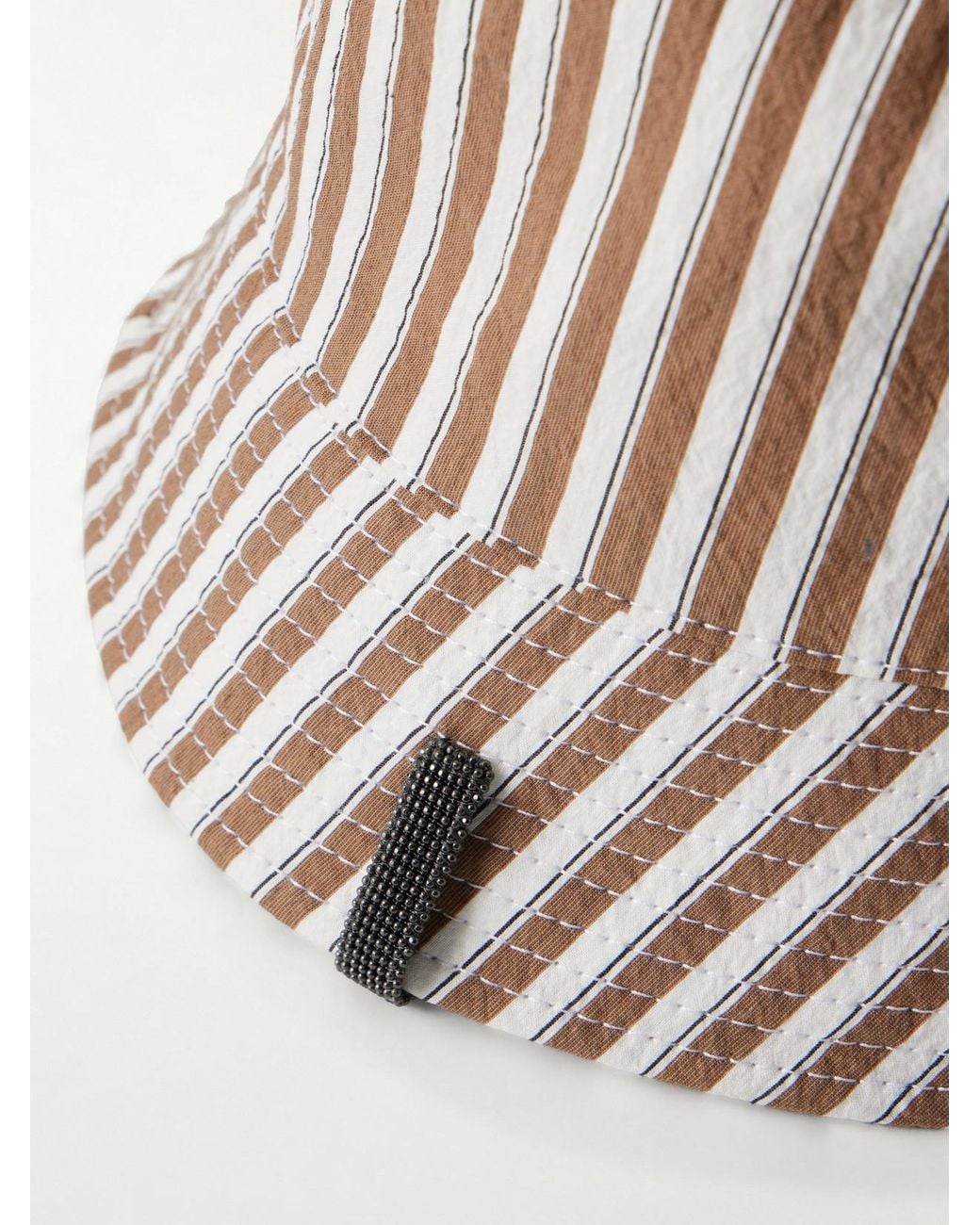 Brunello Cucinelli Natural Monili-Embellished Striped Cotton-Blend Twill Bucket Hat