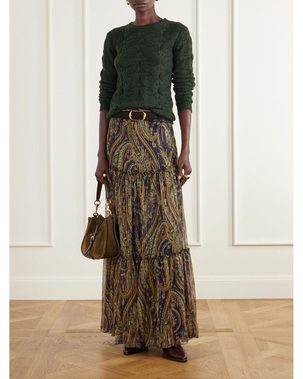 Etro Natural Tiered Paisley-Print Metallic Silk-Blend Chiffon Maxi Skirt