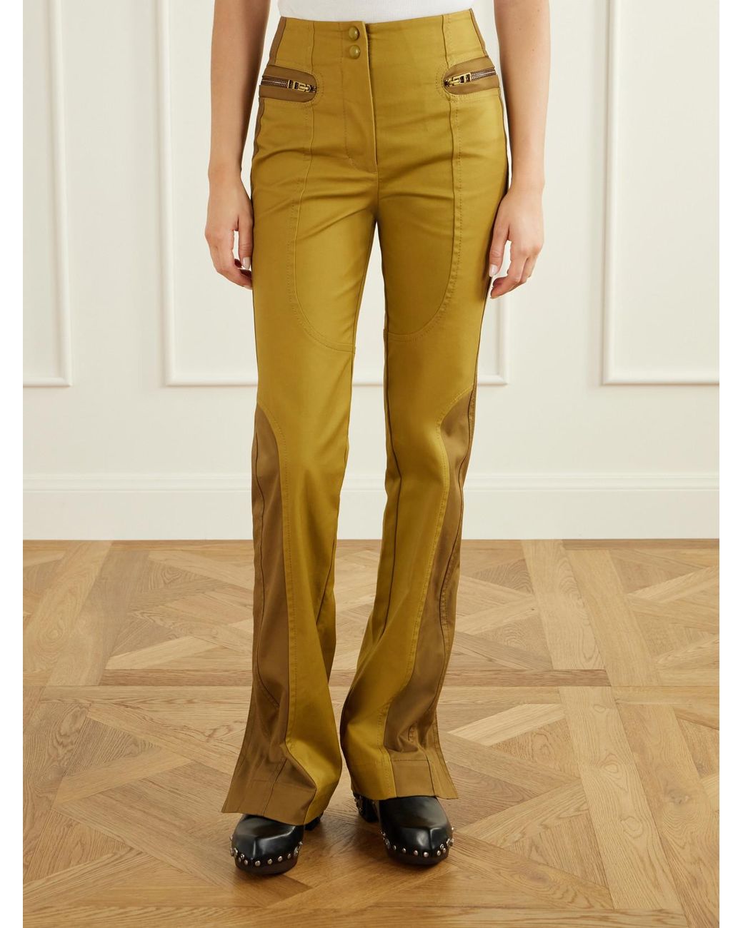 Zimmermann Yellow Valiant Two-Tone Paneled Cotton-Drill Mid-Rise Straight-Leg Pants