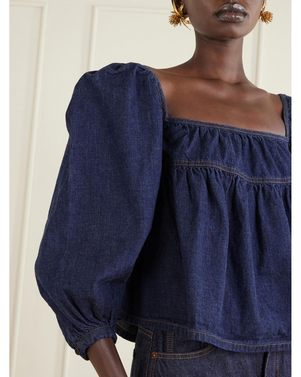 Saint Laurent Blue Gathered Denim Blouse