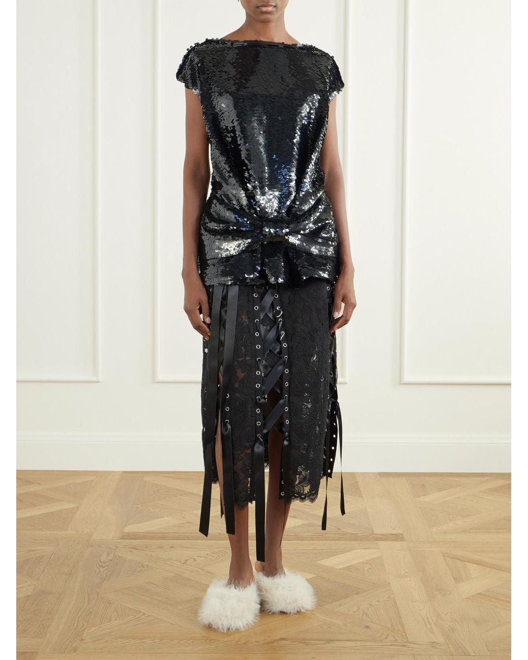 Simone Rocha Black Unraveling Ribbon Ring Asymmetric Embellished Lace And Satin Midi Skirt