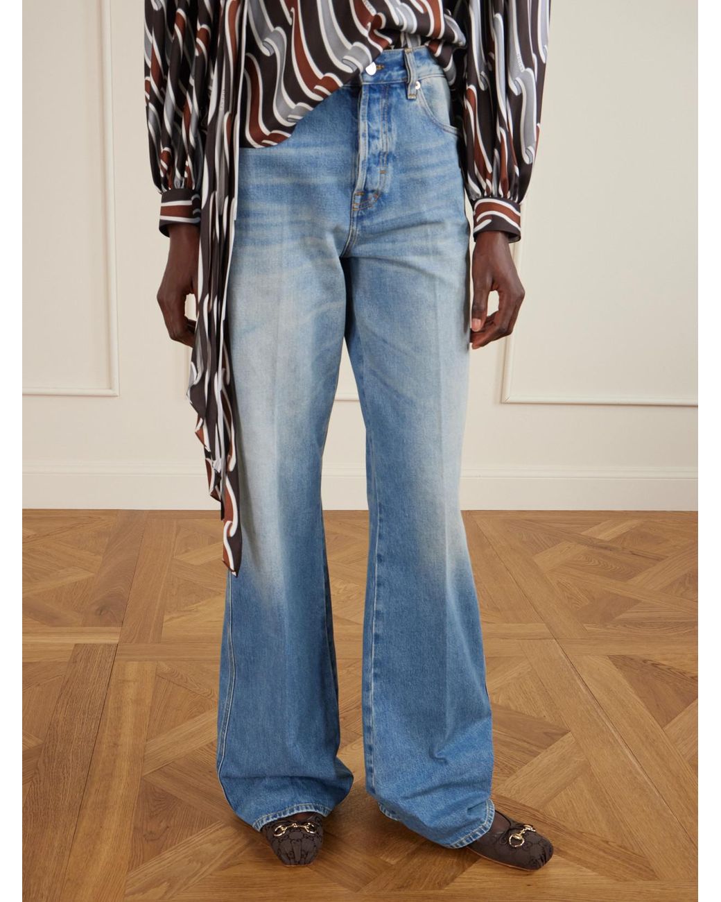 Gucci White Ballerinas Aus Canvas Mit Jacquard-Muster, Horsebit-Detail Und Schleife