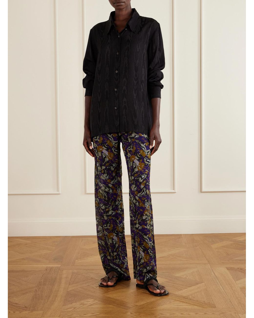 Dries Van Noten Blue Printed Georgette Straight-Leg Pants