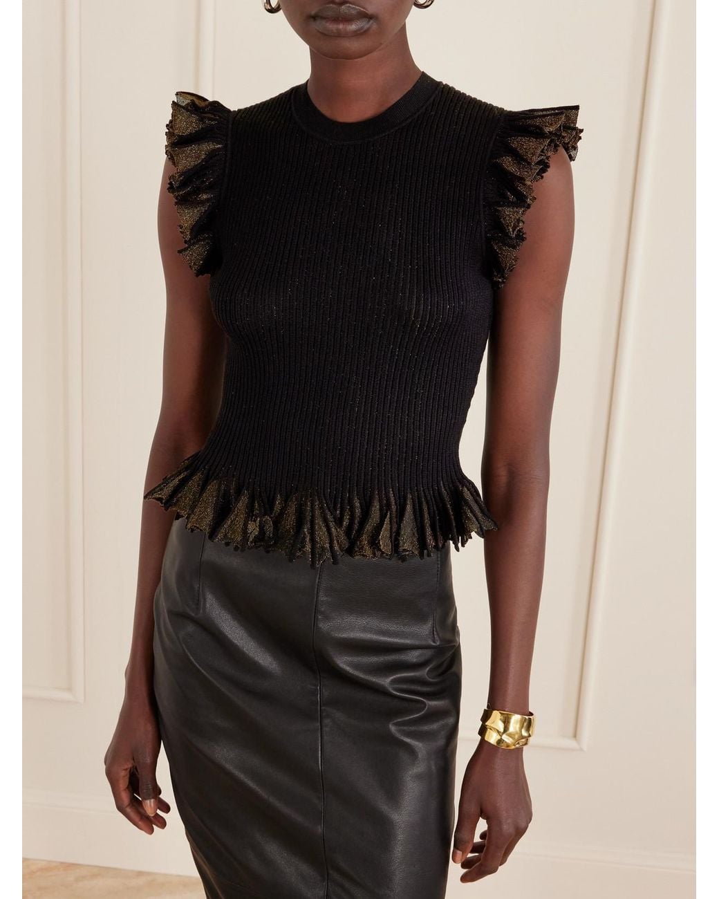 Ulla Johnson Black Leila Ruffled Ribbed Metallic-Knit Top