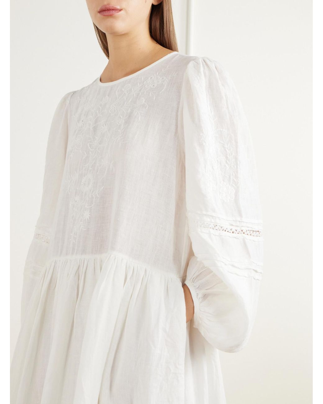SKALL White Velina Gathered Floral-Embroidered Lace-Trimmed Linen Midi Dress