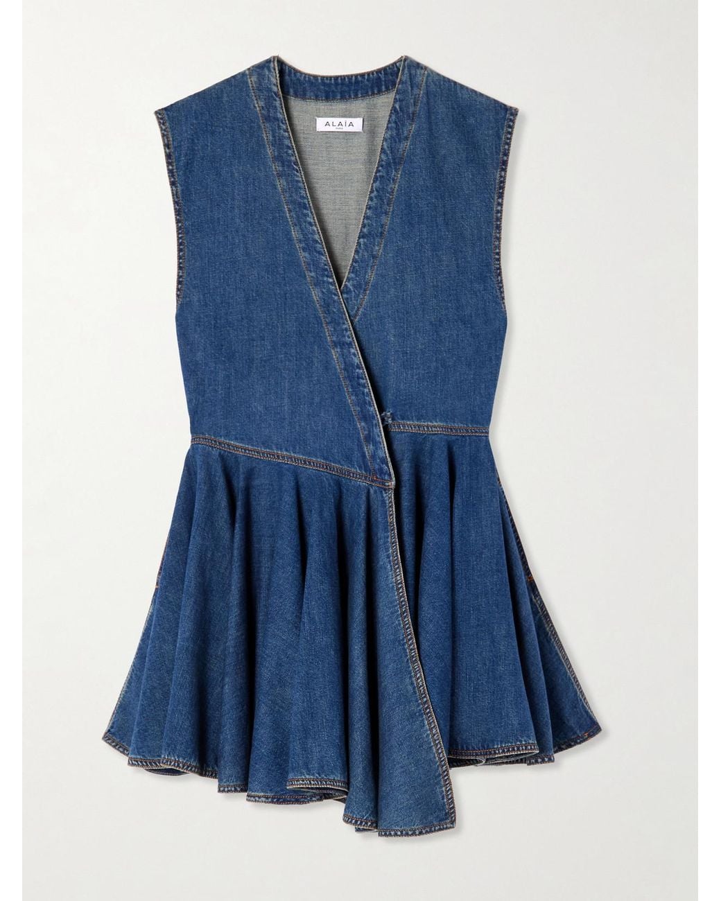 Alaa Asymmetric Wrap-Effect Denim Mini Dress in Blue | Lyst